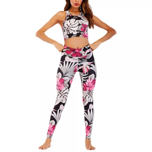 P Pink Leaves Madam Comfortable Yoga Clothes Set Casual Fitness Sport Suit